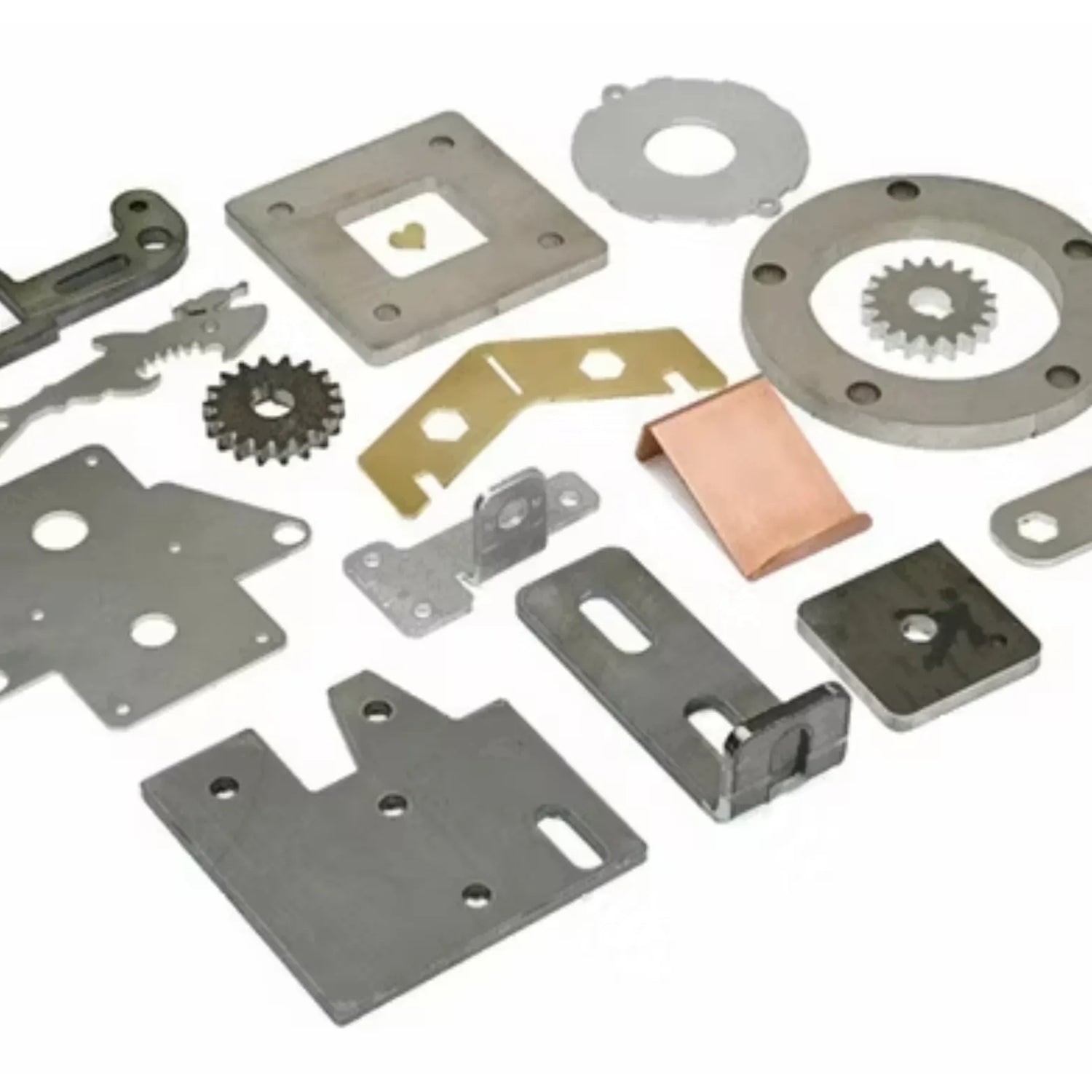Collection of metal mechanical parts on a white background