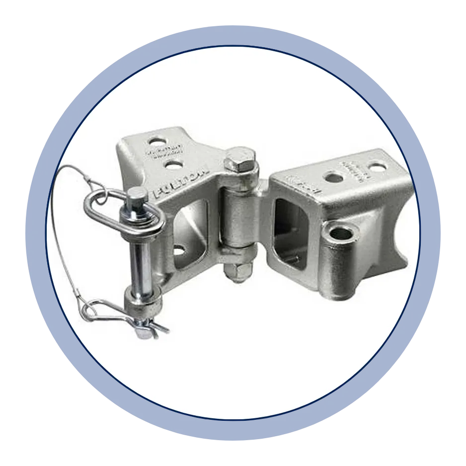 Metallic hinge component with visible branding on a white background